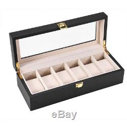 6Slot Black Leather Wood Watch Box Display Case Organizer Jewelry Storage Holder