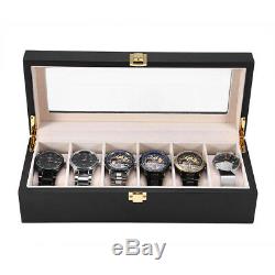 6Slot Black Leather Wood Watch Box Display Case Organizer Jewelry Storage Holder