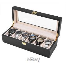 6Slot Black Leather Wood Watch Box Display Case Organizer Jewelry Storage Holder