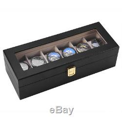 6Slot Black Leather Wood Watch Box Display Case Organizer Jewelry Storage Holder