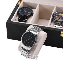 6Slot Black Leather Wood Watch Box Display Case Organizer Jewelry Storage Holder