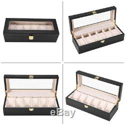 6Slot Black Leather Wood Watch Box Display Case Organizer Jewelry Storage Holder