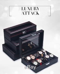 6 10 12 Slots Black Carbon Fiber Wood Glass Watch Display Storage Box Case Gift