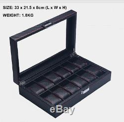 6 10 12 Slots Black Carbon Fiber Wood Glass Watch Display Storage Box Case Gift