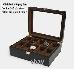6 10 12 Slots Black Solid Wood Glass Collect Watch Display Storage Box Case Gift