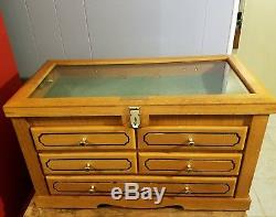 6 Drawer Wood Display Case Storage Collectors Box Glass Top Knives Jewelry