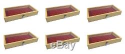 6 Natural Wood Glass Top Lid Red 50 Space Ring Charm Coin Jewelry Display Cases