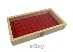 6 Natural Wood Glass Top Lid Red 50 Space Ring Charm Coin Jewelry Display Cases