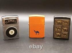 6 Vintage Camel Zippo Lighters with Camel Zippo Wood Display Case Plaque Lot Of 6