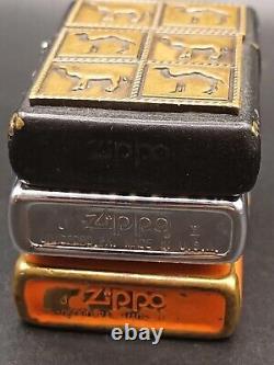 6 Vintage Camel Zippo Lighters with Camel Zippo Wood Display Case Plaque Lot Of 6