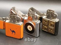 6 Vintage Camel Zippo Lighters with Camel Zippo Wood Display Case Plaque Lot Of 6