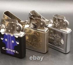 6 Vintage Camel Zippo Lighters with Camel Zippo Wood Display Case Plaque Lot Of 6