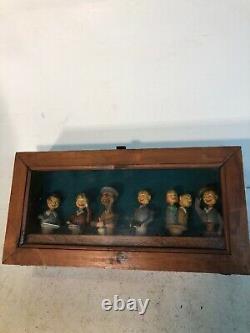 6 Vintage Hand-Carved Wooden Cork Puppet Stoppers Kissing Drummer Etc & Case