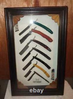 7 Vintage Barber Shop Cut Throat Razors Cival War In Wood Display Case