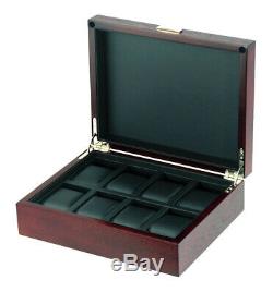 8 Wrist Watch Storage Box Cherry Wood Display Case Large Faux Leather Pillows