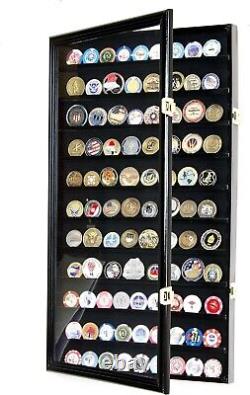 90 Challenge Coin Display Case Adjustable Black Military Cabinet Wood Shadow Box