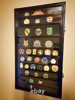 90 Challenge Coin Display Case Adjustable Black Military Cabinet Wood Shadow Box