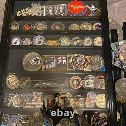 90 Challenge Coin Display Case Adjustable Black Military Cabinet Wood Shadow Box