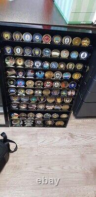 90 Challenge Coin Display Case Adjustable Black Military Cabinet Wood Shadow Box