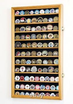 90 Challenge Coin Display Case Adjustable Oak Military Cabinet Wood Shadow Box