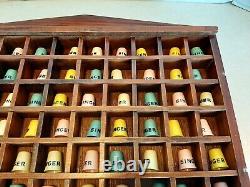 97-Vintage Plastic Advertising Sewing Thimbles In Wood Display Case Singer U2