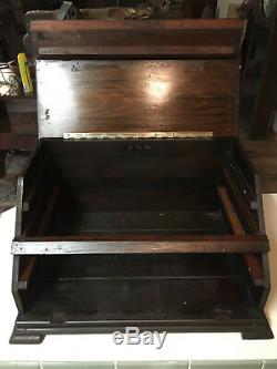 ANTIQUE HANDMADE SLANT FRONT TOOL BOX/DISPLAY CASE with FLIP TOP & ANGLED DRAWERS