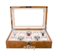 AXIS Luxury 10 Watch Storage Case Display Box Burl Wood WITH KEY