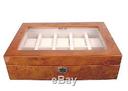 AXIS Luxury 10 Watch Storage Case Display Box Burl Wood WITH KEY