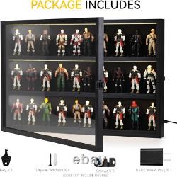 Action Figure Display Case 3.75 LED Figurine 30 Pcs Toy Wood Shelf + Baseplates