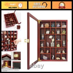 Adjustable Rock Display Case Glass Lid Mineral Collection Box, Wooden Cabinet