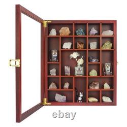 Adjustable Rock Display Case Glass Lid Mineral Collection Box, Wooden Cabinet