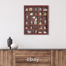 Adjustable Rock Display Case Glass Lid Mineral Collection Box, Wooden Cabinet