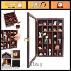 Adjustable Rock Display Case Glass Lid Wooden Cabinet for Minerals, Fossils, C
