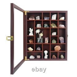 Adjustable Rock Display Case Glass Lid Wooden Cabinet for Minerals, Fossils, C