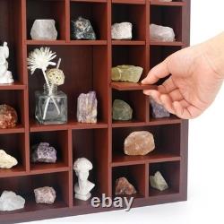 Adjustable Rock Display Case Glass Lid Wooden Cabinet for Minerals, Fossils, C