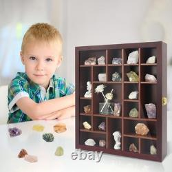 Adjustable Rock Display Case Glass Lid Wooden Cabinet for Minerals, Fossils, C