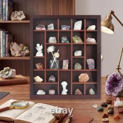 Adjustable Rock Display Case Glass Lid Wooden Cabinet for Minerals, Fossils, C