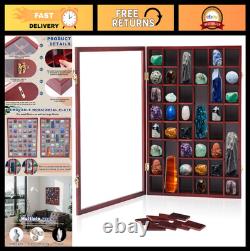 Adjustable Wood Rock Display Case with Lid 48 Grids Shadow Box for Collectible