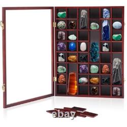 Adjustable Wood Rock Display Case with Lid 48 Grids Shadow Box for Collectible