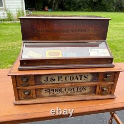 Antique 1900s Vims Needles Counter Top Store Wooden Display Case Cabinet
