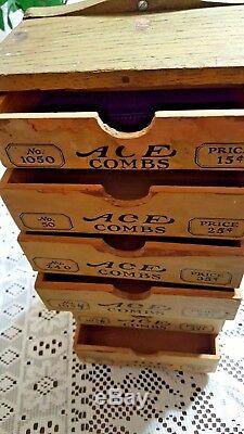 Antique Ace Combs Store Display Wood Advertising Case Drawers