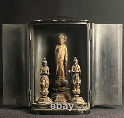 Antique Amida Triad in Zushi Display Case Kannon & Seishi Bosatsu Edo ca. 1700