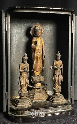 Antique Amida Triad in Zushi Display Case Kannon & Seishi Bosatsu Edo ca. 1700