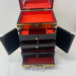 Antique Asian Lacquer Wood Jewelry Box Inlay Mother of Pearl Chest Gold Large