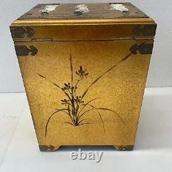 Antique Asian Lacquer Wood Jewelry Box Inlay Mother of Pearl Chest Gold Large