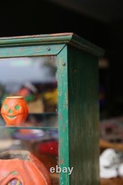 Antique Counter Top Display Case Wood Glass shelf apothecary cabinet green VTG