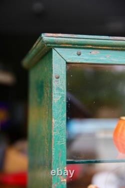 Antique Counter Top Display Case Wood Glass shelf apothecary cabinet green VTG