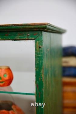 Antique Counter Top Display Case Wood Glass shelf apothecary cabinet green VTG