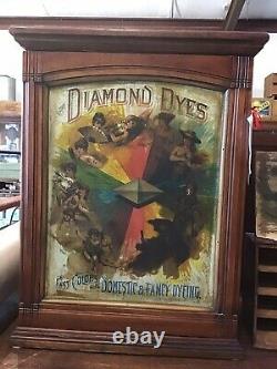 Antique DIAMOND DYES Store Counter Cabinet Tin & Wood Evolution Of Woman C1890
