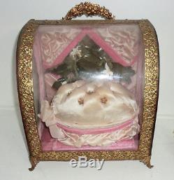 Antique French Bridal Wedding Display Case Glass Wood Pink Filigree Metal Trim